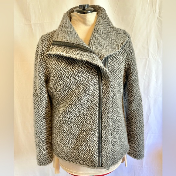 Eileen Fisher wool and Leather Moon High Collar Asymmetrical Jacket Size Large - Picture 2 of 12